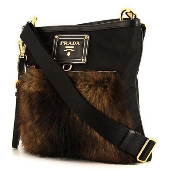 PRADA NYLON SHOLDER/CROSSBODY BLACK BAG WITH FUR DETAIL - Picture 1 of 9